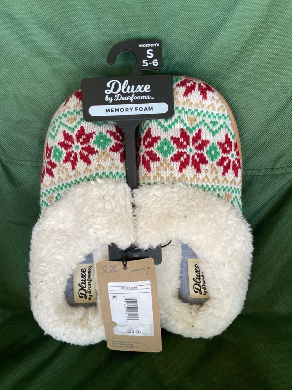 dearfoams Women's Knit Memory Foam Slippers in Red, Green, Cream